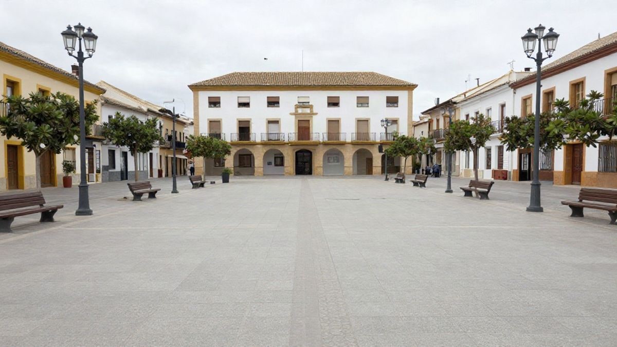 Imagen ilustrativa: plaza pública vacía en una localidad española con farolas y bancos bajo luz diurna