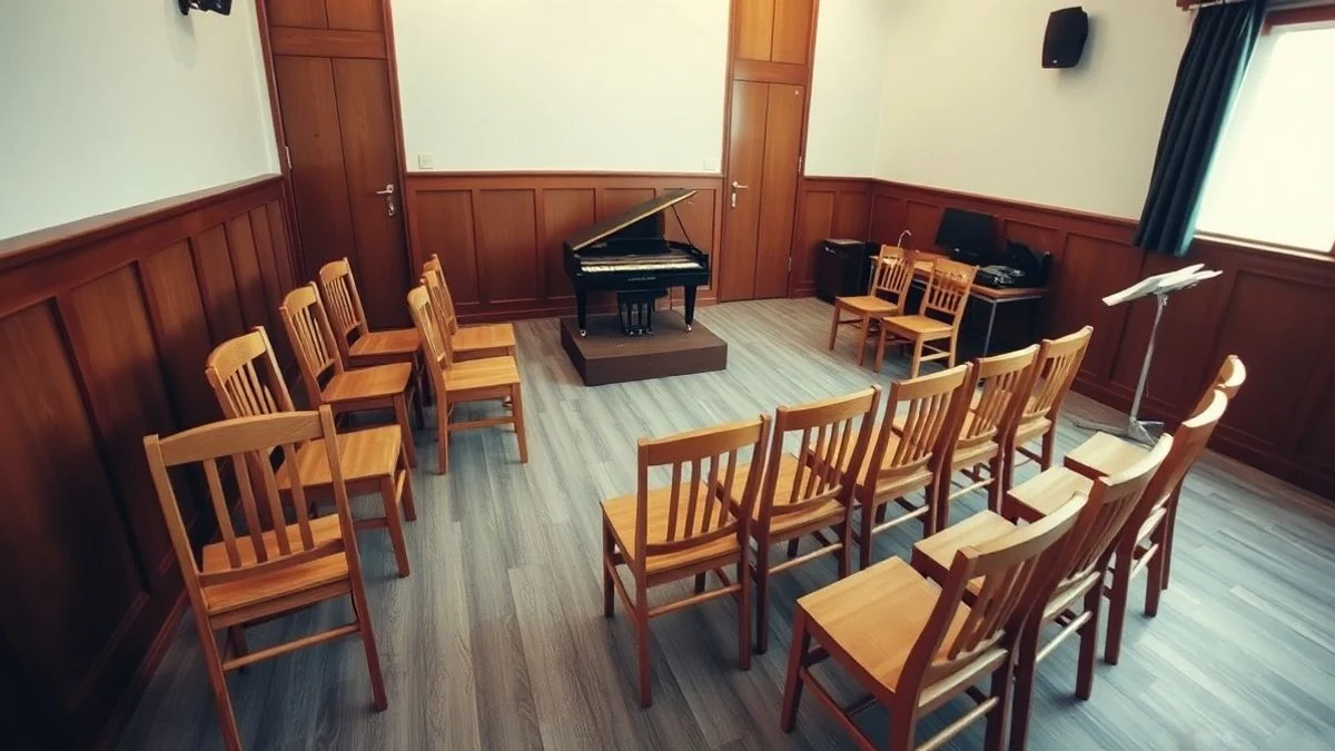 Imagen ilustrativa: sala de ensayo vacía con sillas en semicírculo y un piano de cola junto a la ventana