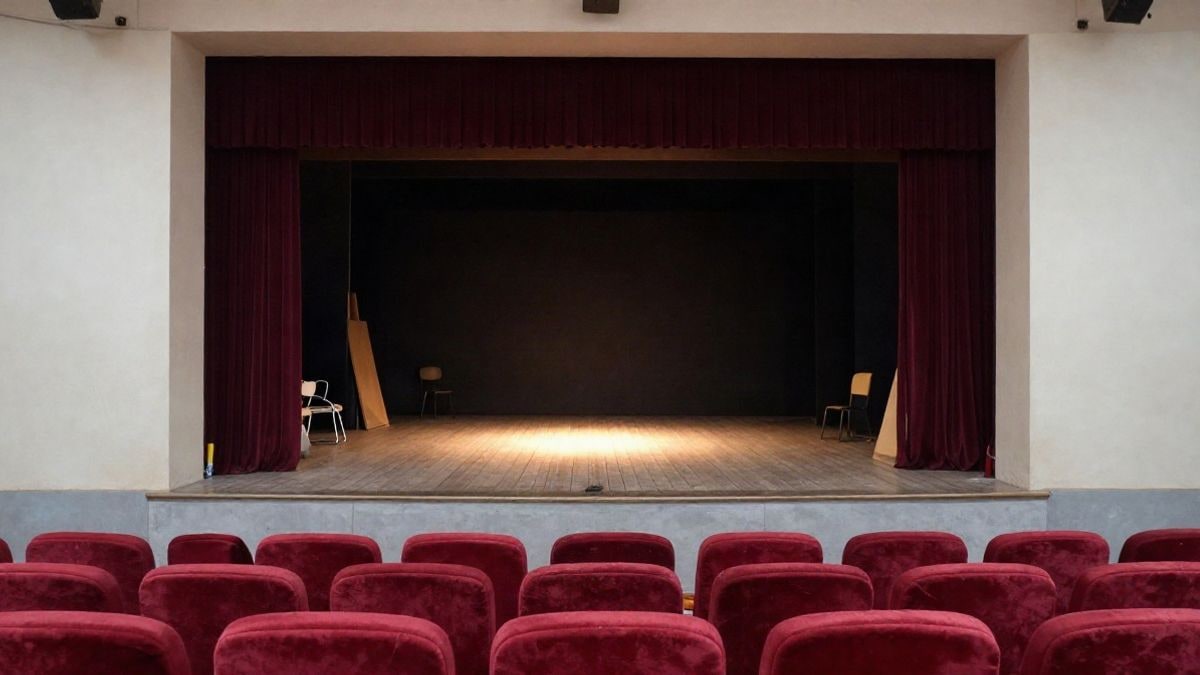 Imagen ilustrativa: un escenario teatral vacío con el telón entreabierto y un foco encendido, visto desde la platea de un teatro municipal.