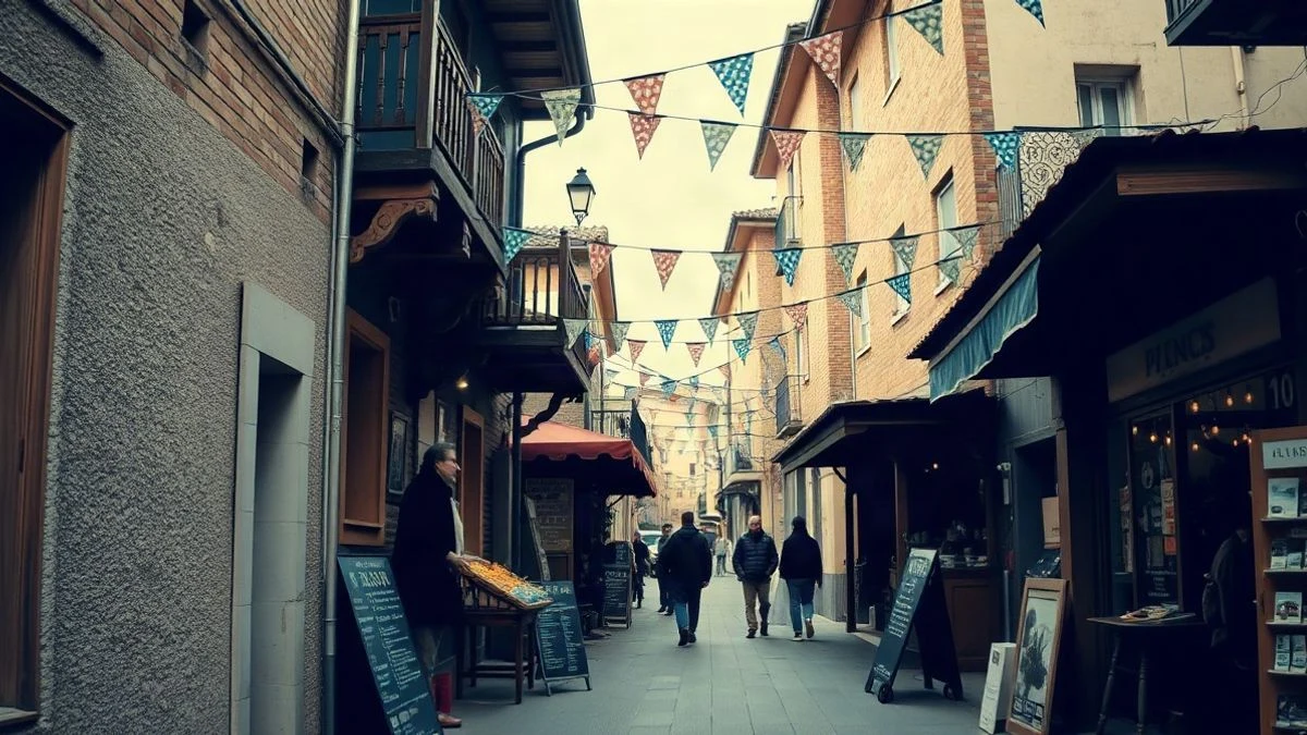 Illustrative image: a medieval market with wooden stalls and bunting in a village street.