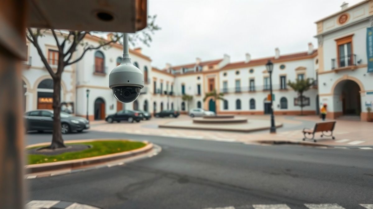 Imagen ilustrativa: una cámara de seguridad en una plaza de un pueblo español, con edificios encalados y un día nublado.