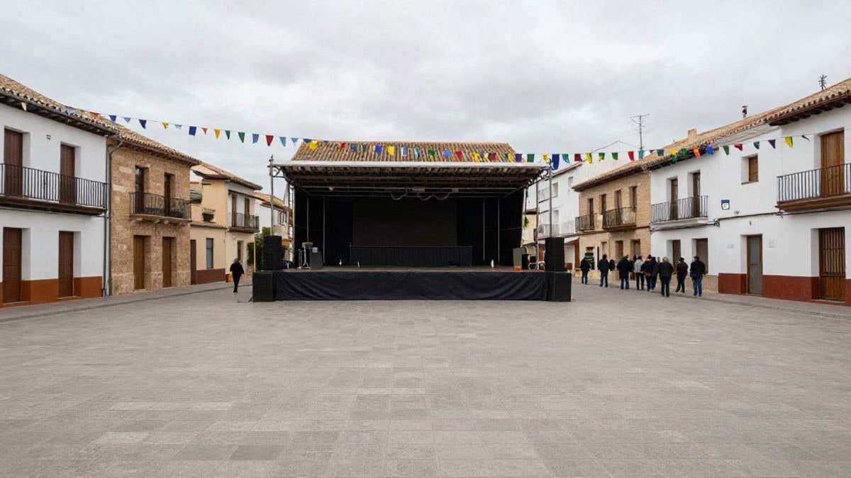 Imagen ilustrativa: plaza de un pueblo español con una carpa instalada y adornos festivos, sin personas.