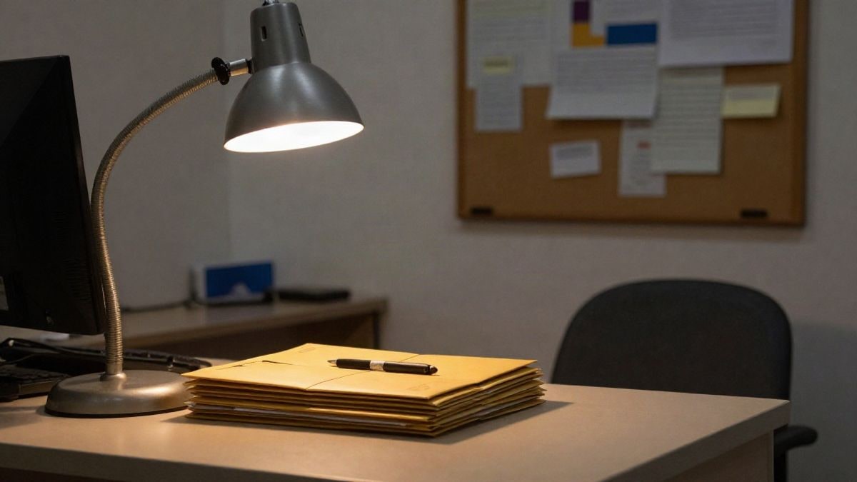 Imagen ilustrativa: escritorio de oficina municipal de noche con sobres y una lámpara encendida
