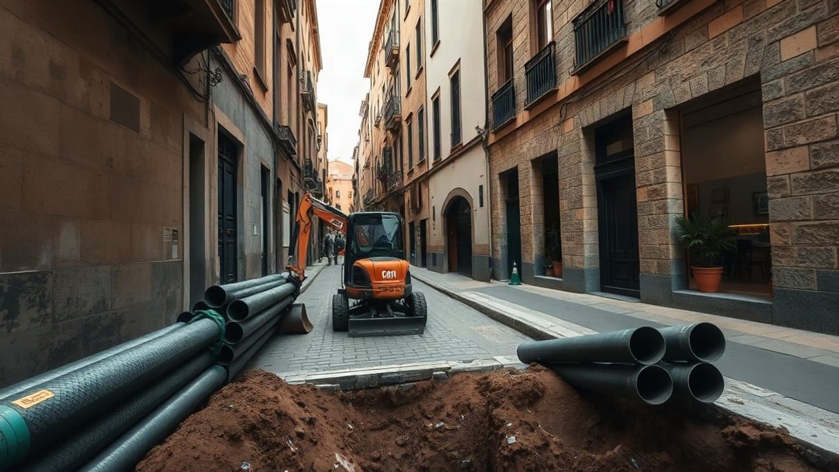 Imagen ilustrativa: calle empedrada con obras de tuberías y un montón de tubos nuevos junto a una zanja abierta