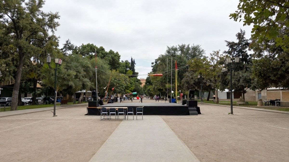 Imagen ilustrativa: un claro de parque con un escenario y props de circo bajo un día nublado