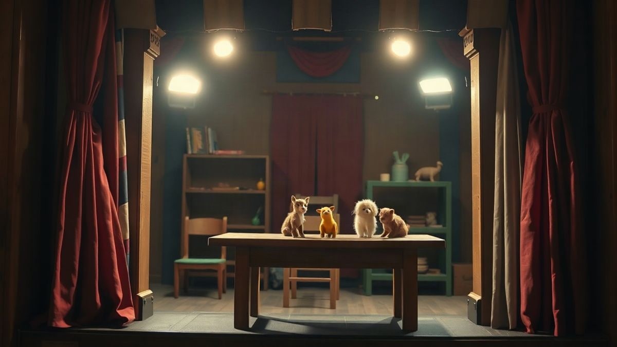 Imagen ilustrativa: un pequeño teatro de títeres con mesa y figuras de animales, iluminado con focos cálidos.