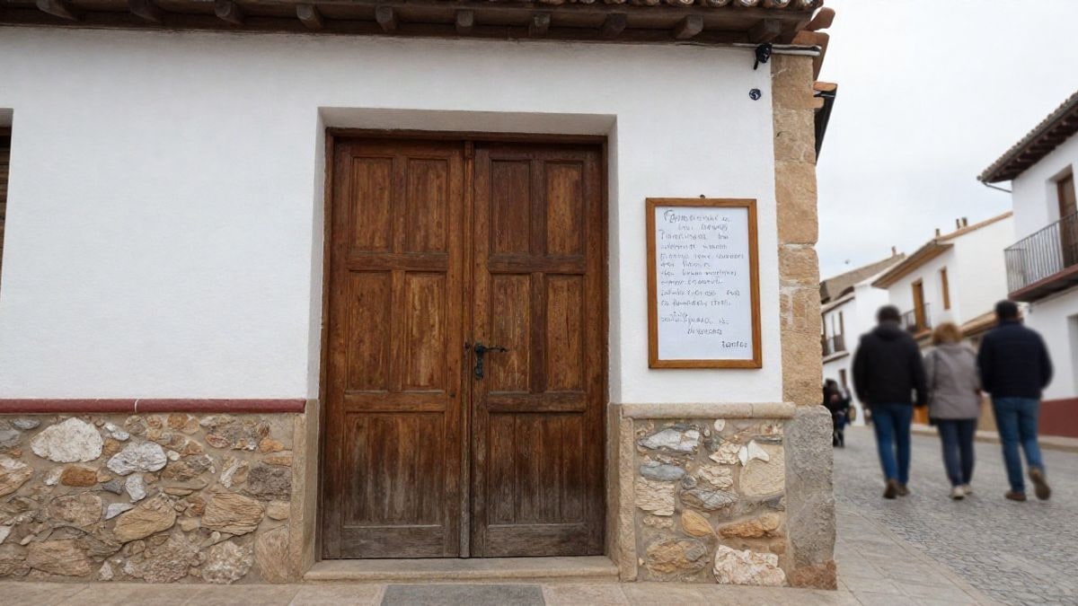 Imagen ilustrativa: entrada de un centro cultural de pueblo con tablón de anuncios y cielo nublado