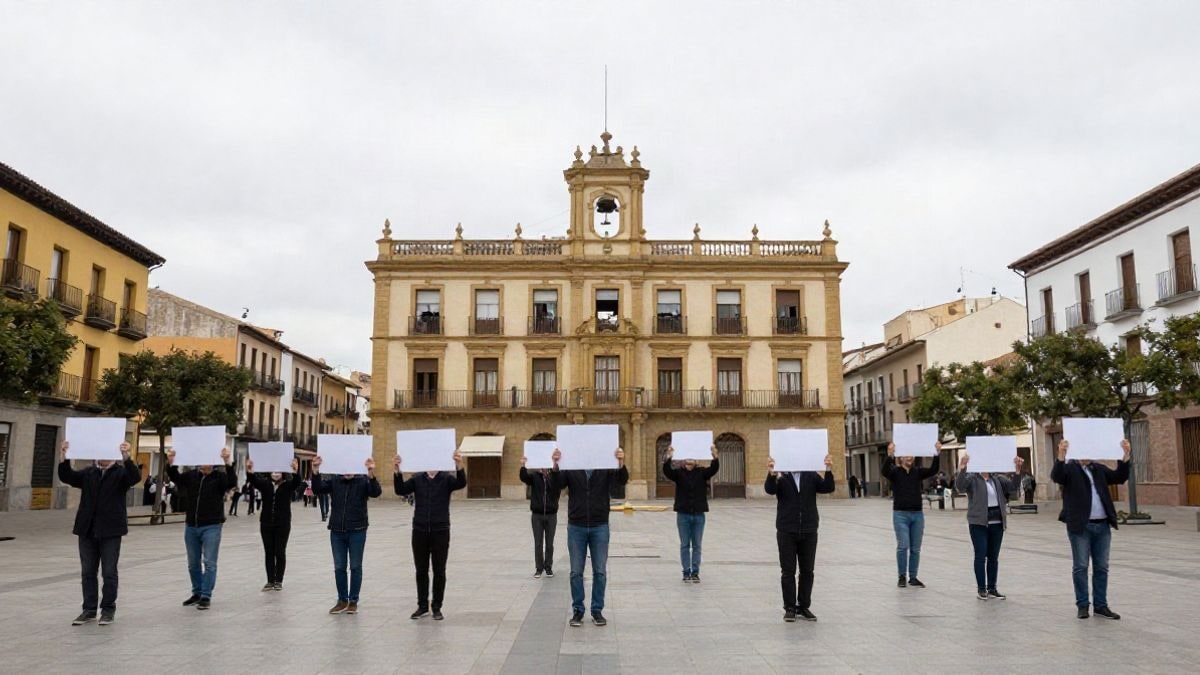 Imagen ilustrativa: grupo de personas de espaldas con carteles en blanco en una plaza de un pueblo español