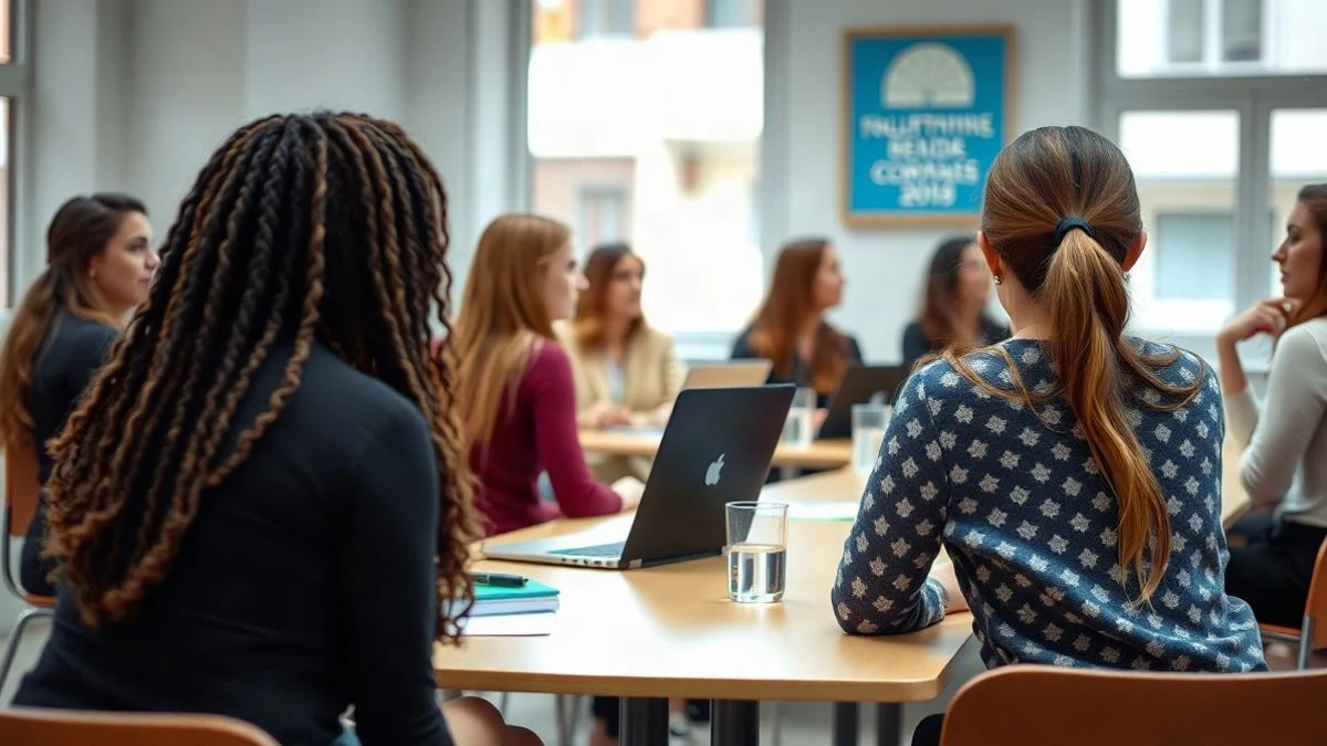 Imagen ilustrativa: un grupo de mujeres de espaldas en una sala de formación moderna, con ordenadores portátiles y luz natural.