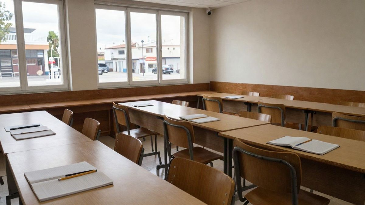 Illustrative image: classroom of a civic centre with tables and chairs prepared for a study workshop