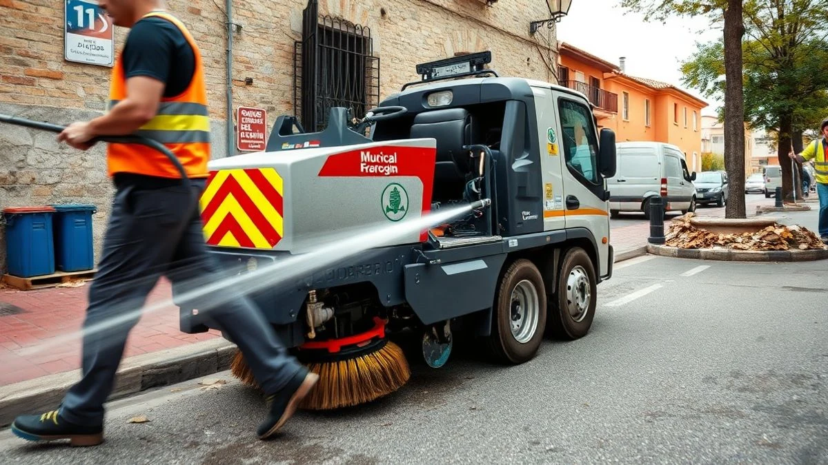 Illustrative image: street cleaning workers operating a street sweeper and washing equipment in a street of Móstoles.