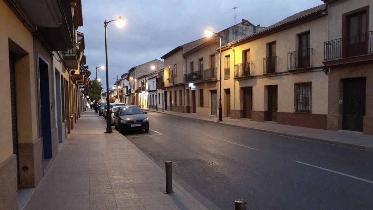 Imagen ilustrativa: una calle tranquila de un pueblo español iluminada por farolas de noche, sin personas