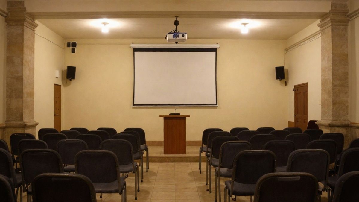 Imagen ilustrativa: sala de conferencias vacía con sillas y atril bajo luz artificial nocturna