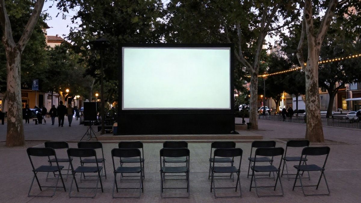 Imagen ilustrativa: pantalla de cine al aire libre en un parque con sillas plegables vacías.