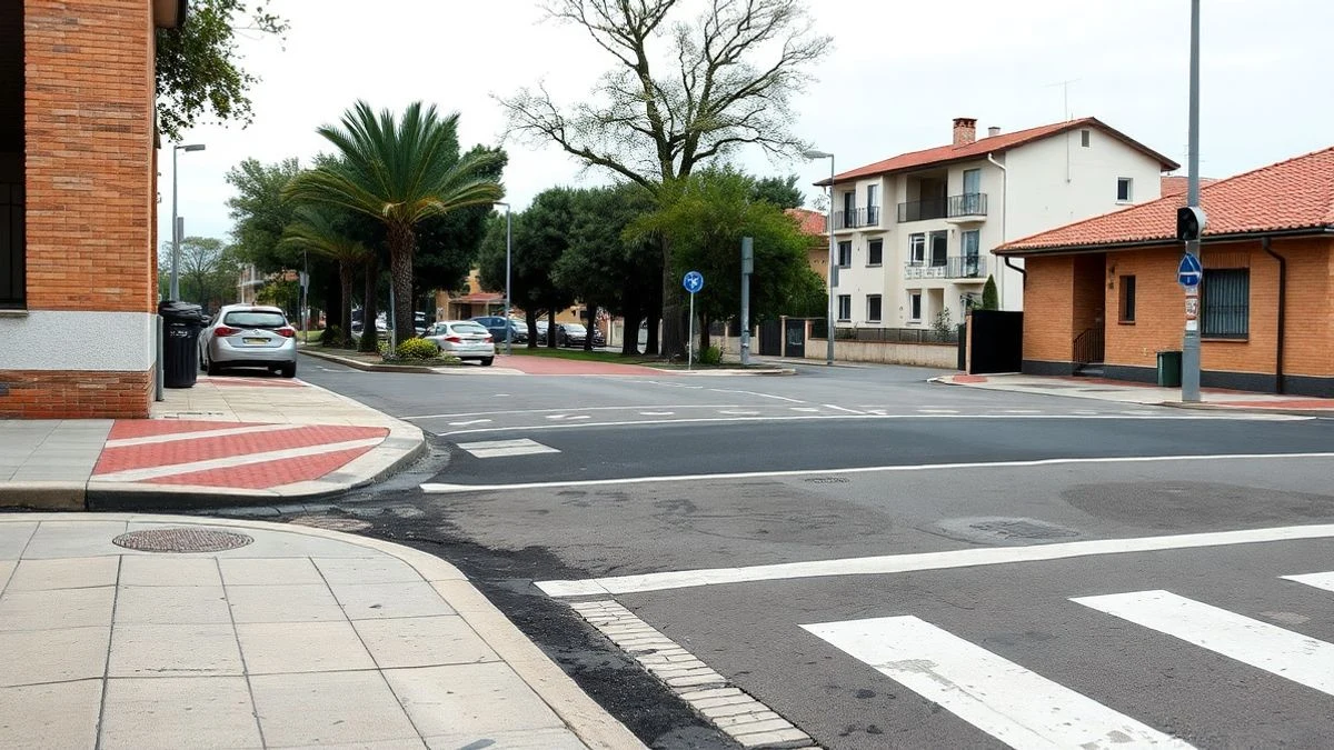 Imagen ilustrativa: calle residencial con acera renovada y paso de peatones recién pintado, con farola y parque al fondo.