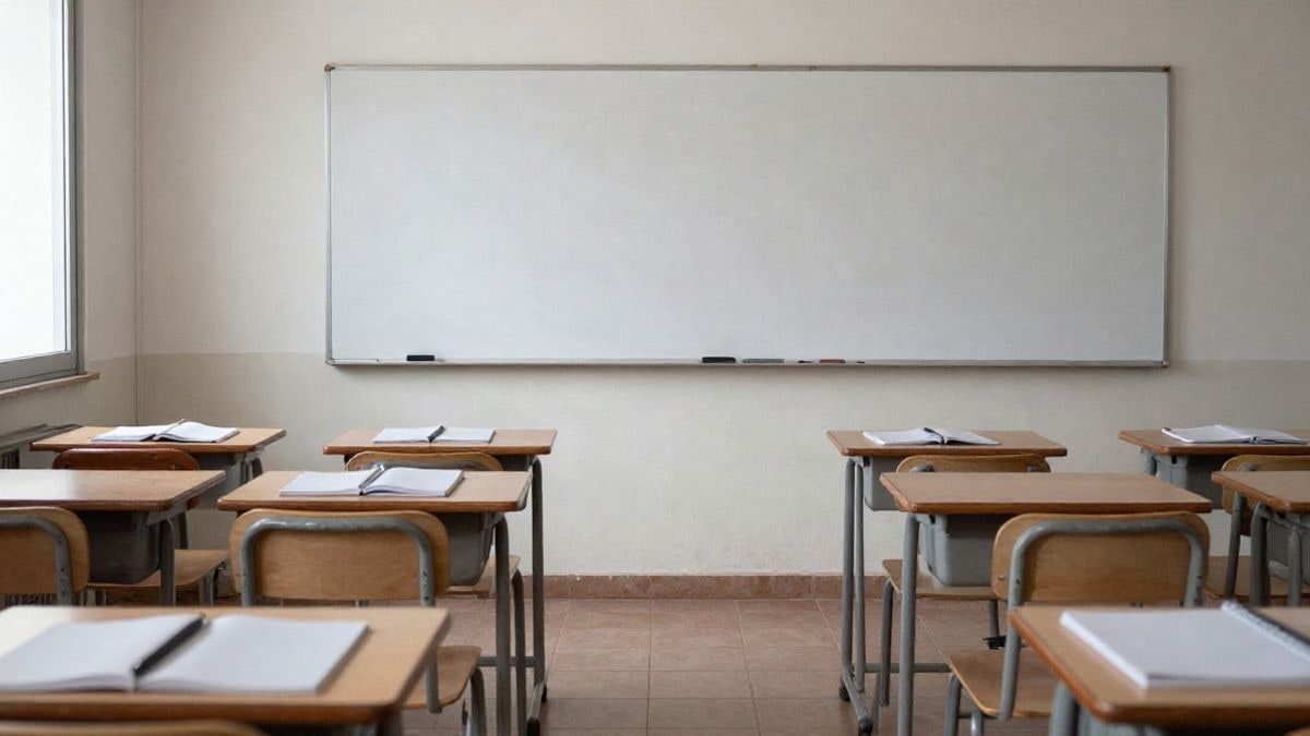Illustrative image: empty classroom of an adult education centre, with desks and blackboard, illuminated by natural light.