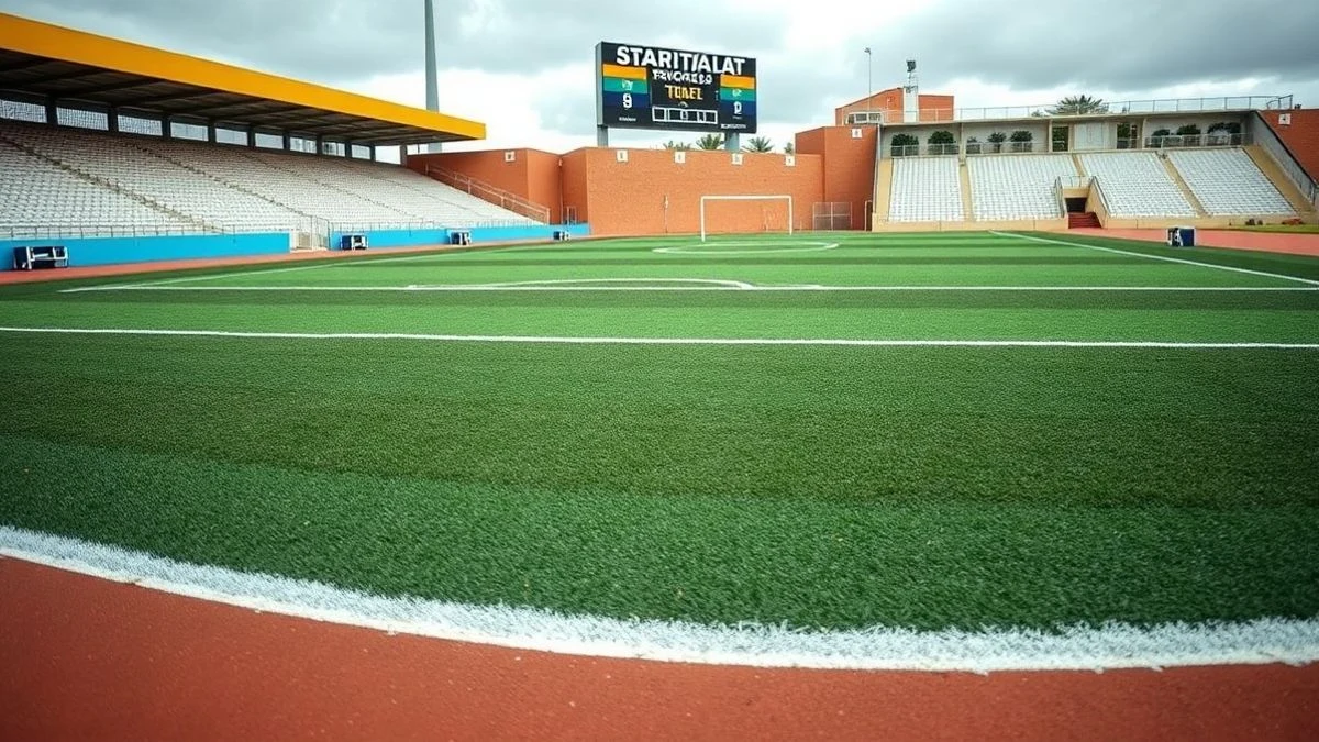 Imagen ilustrativa: campo de césped artificial con líneas de rugby y fútbol en un estadio de atletismo, con pista de atletismo y gradas al fondo.