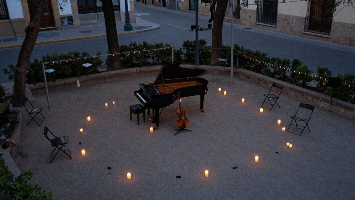 Imagen ilustrativa: vista cenital de un piano y un violín junto a velas encendidas en un parque