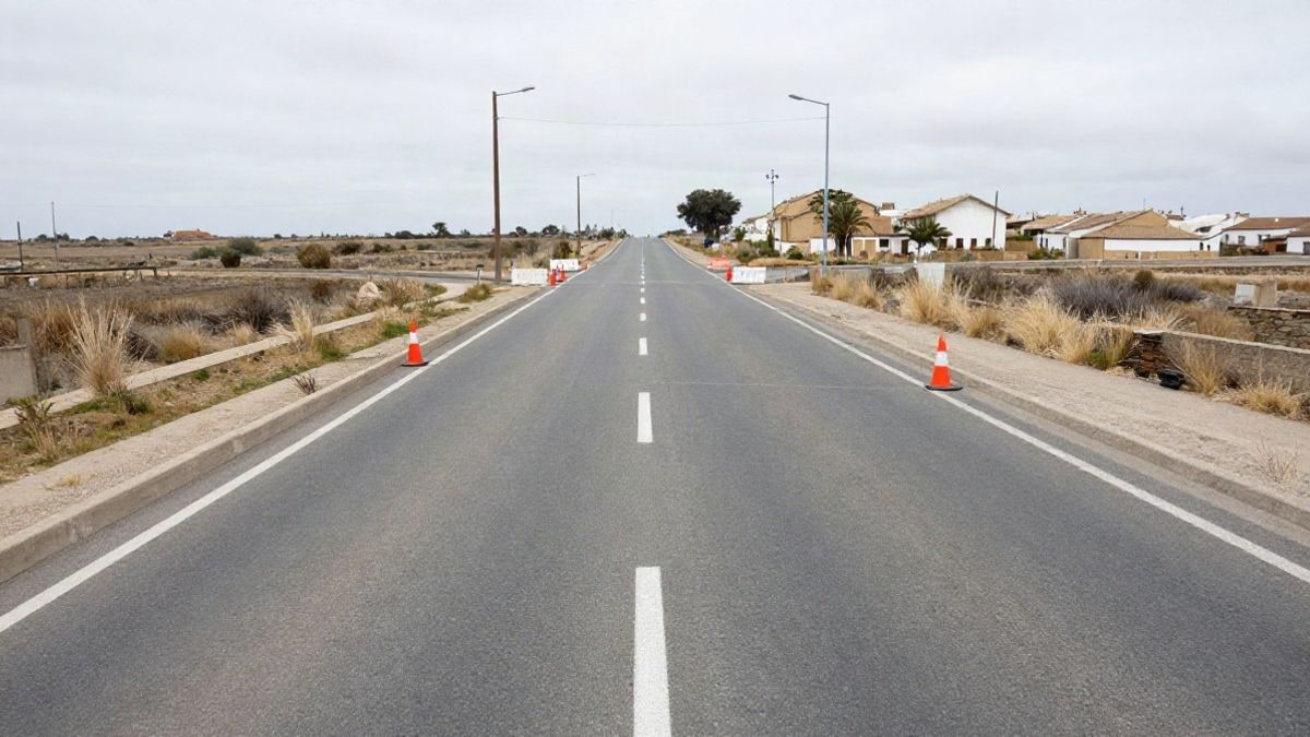 Illustrative image: two-lane road closed with cones and barriers next to a roundabout in an urban setting