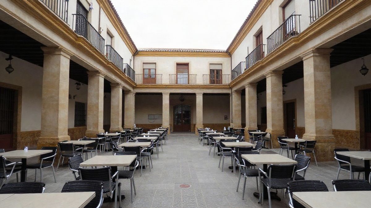 Imagen ilustrativa: patio interior de un centro cultural con mesas y sillas preparadas para una feria de empleo