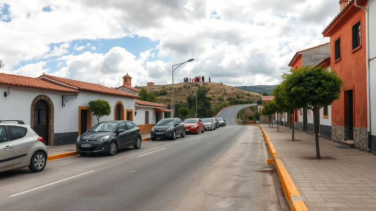 Imagen ilustrativa: una calle de un pueblo español con algunos coches aparcados y un grupo de personas de espaldas en la lejanía, bajo un cielo nublado.