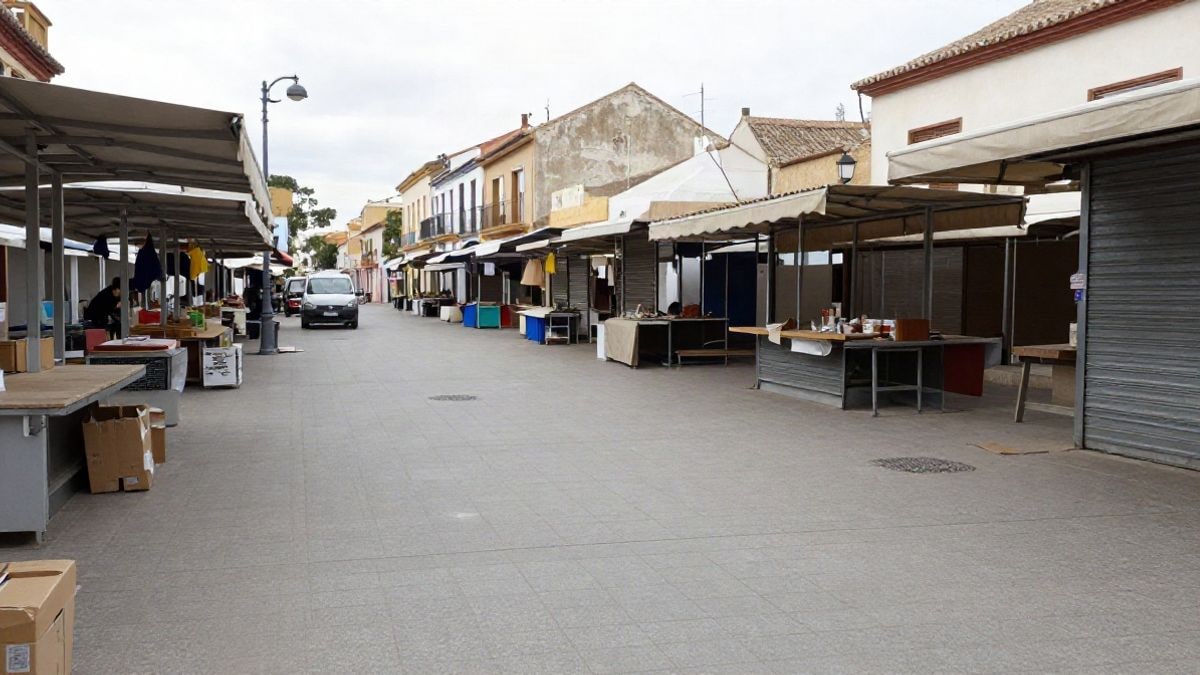 Imagen ilustrativa: un mercadillo al aire libre con puestos cerrados y toldos plegados en una plaza pavimentada