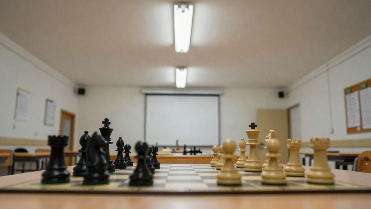 Imagen ilustrativa: tablero de ajedrez con piezas colocadas sobre una mesa en un aula comunitaria, visto desde abajo