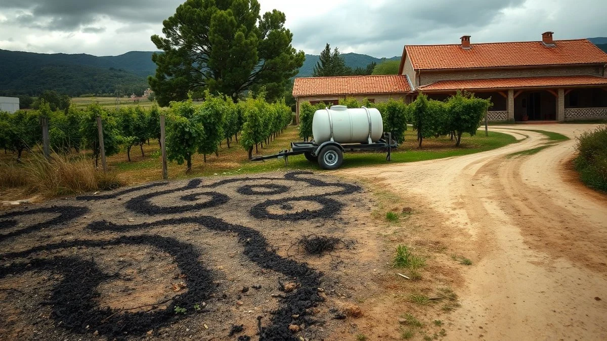Imagen ilustrativa: campo con rastrojos quemados y una nave agrícola al fondo, con un depósito de agua en un camino de tierra.