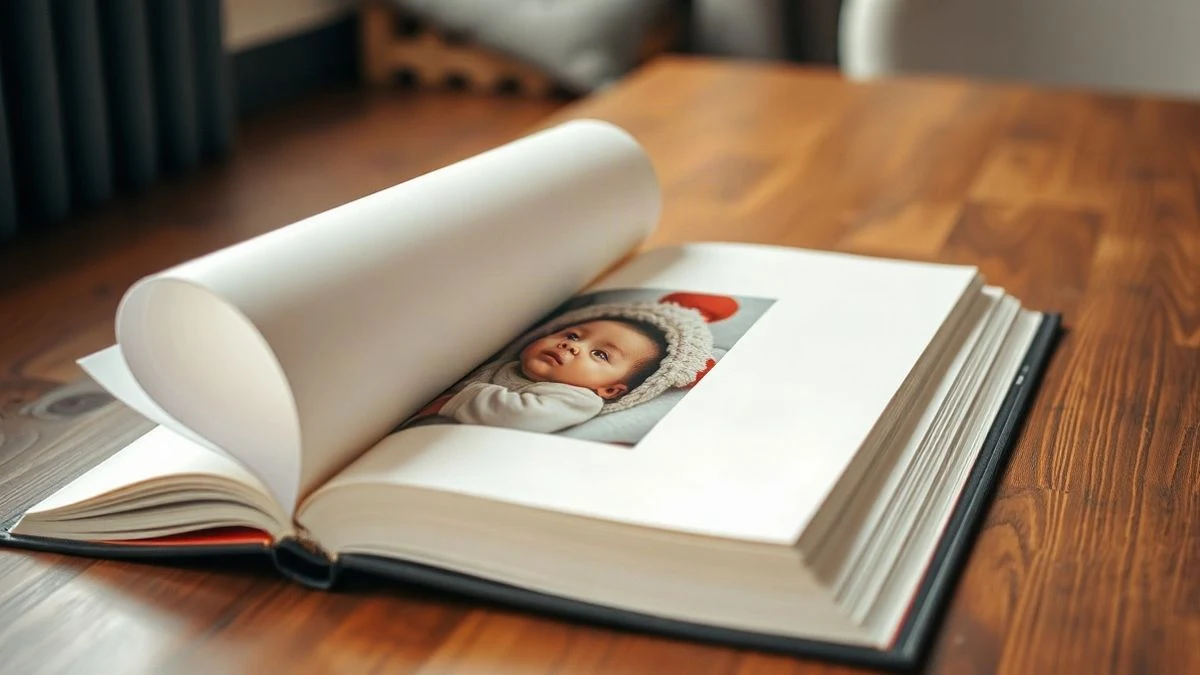 Imagen ilustrativa: un libro abierto con una fotografía de bebé en su interior sobre una mesa de madera.