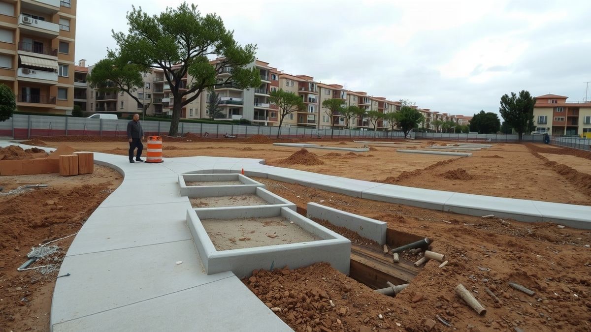 Imagen ilustrativa: obras de un parque urbano sin terminar, con caminos de hormigón y tierra, en un día nublado.