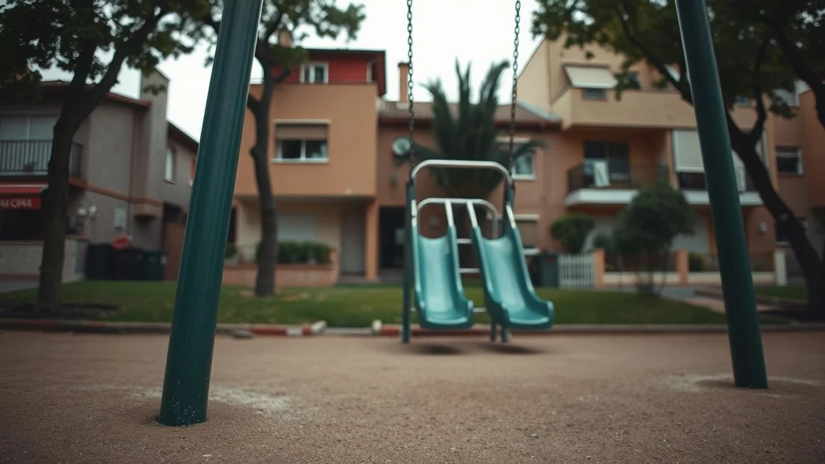 Imagen ilustrativa: un parque infantil con columpios y tobogán en un pueblo español, sin niños, con edificios residenciales al fondo.