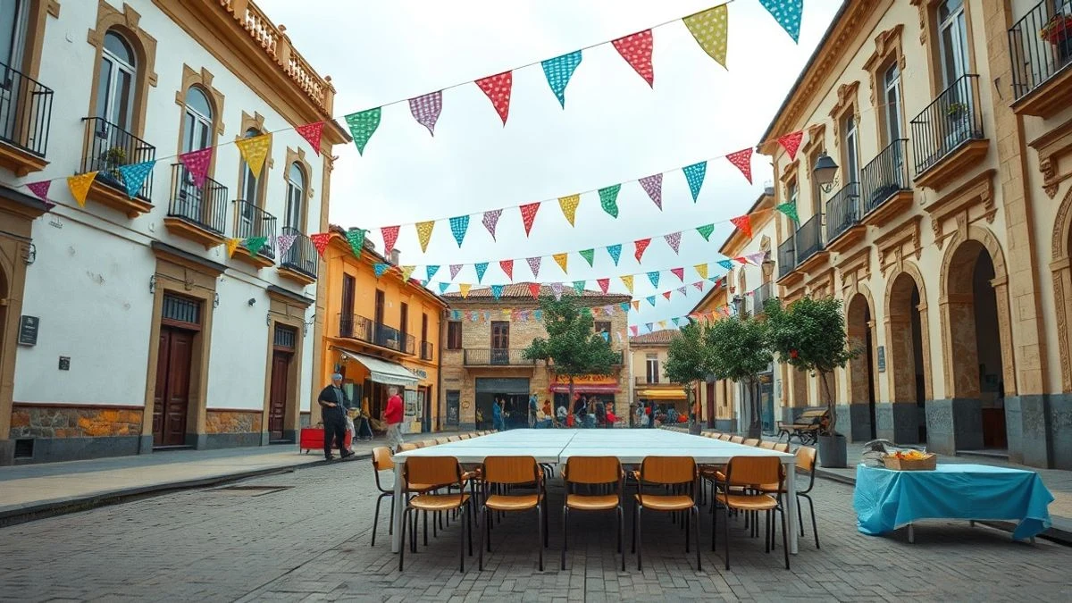 Imagen ilustrativa: plaza de un pueblo español con mesa y banderines coloridos preparada para un evento comunitario.