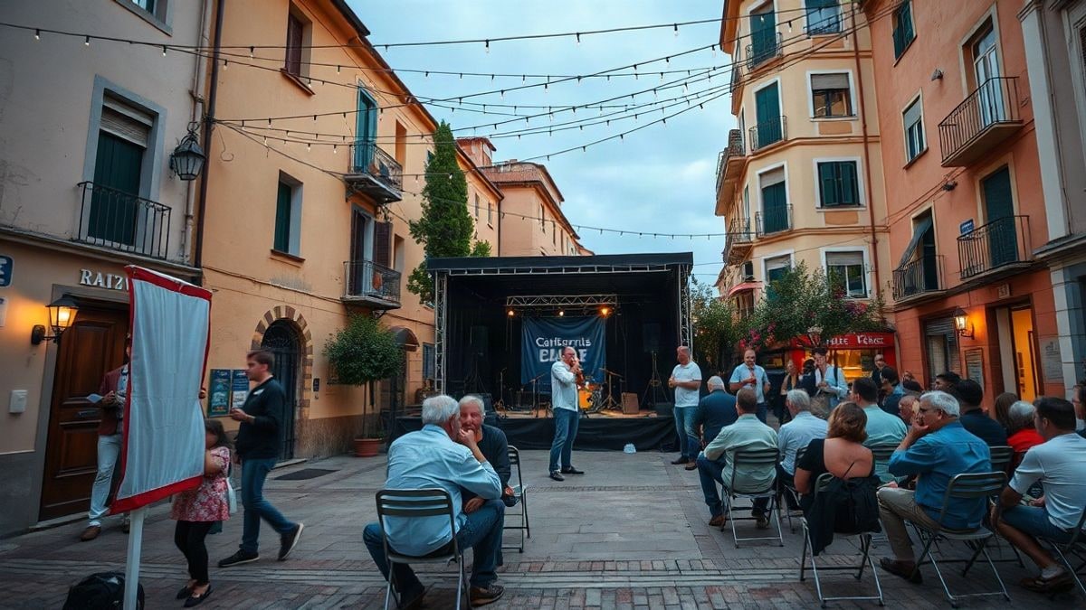 Imagen ilustrativa: una plaza española genérica con un escenario al aire libre y sillas plegables, iluminada por luces de guirnalda