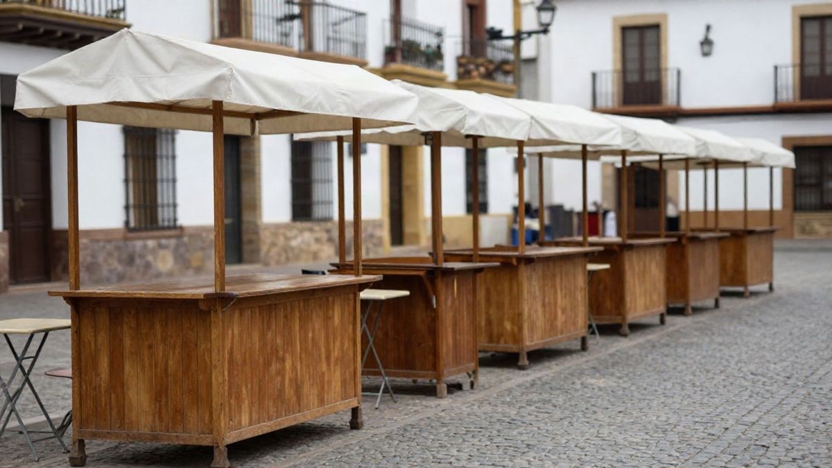 Imagen ilustrativa: puestos vacíos con toldos blancos en una plaza empedrada de un municipio español