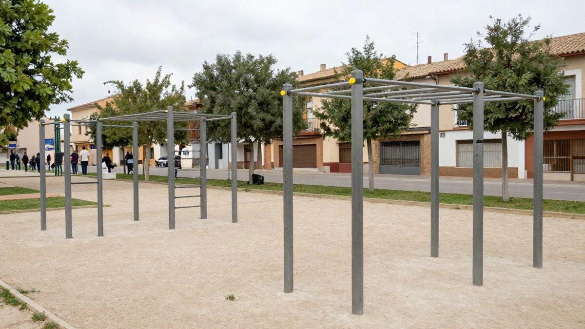 Illustrative image: outdoor calisthenics park with metal bars, surrounded by trees, on a cloudy day.