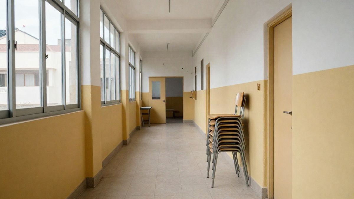 Imagen ilustrativa: pasillo de un colegio con paredes recién pintadas y luz natural