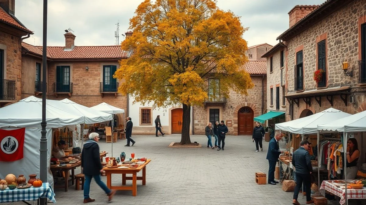 Illustrative image: village square with craft stalls and white awnings on an autumn day