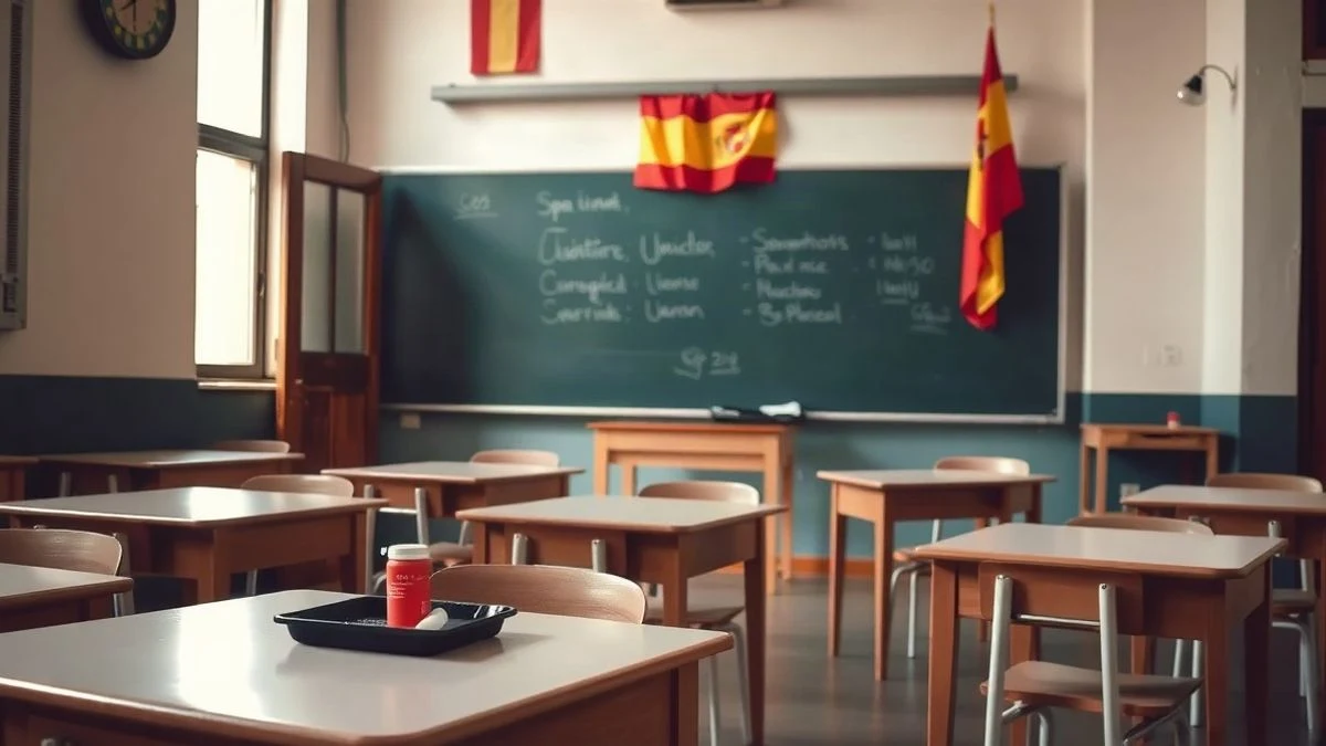 Imagen ilustrativa: aula vacía con pupitres y pizarra, luz natural de ventana.