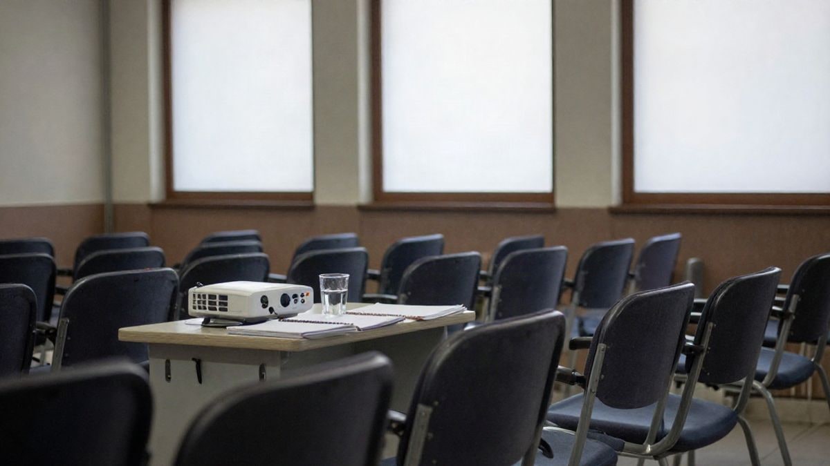 Imagen ilustrativa: sala de conferencias con sillas vacías y una mesa frente a una pantalla de proyección