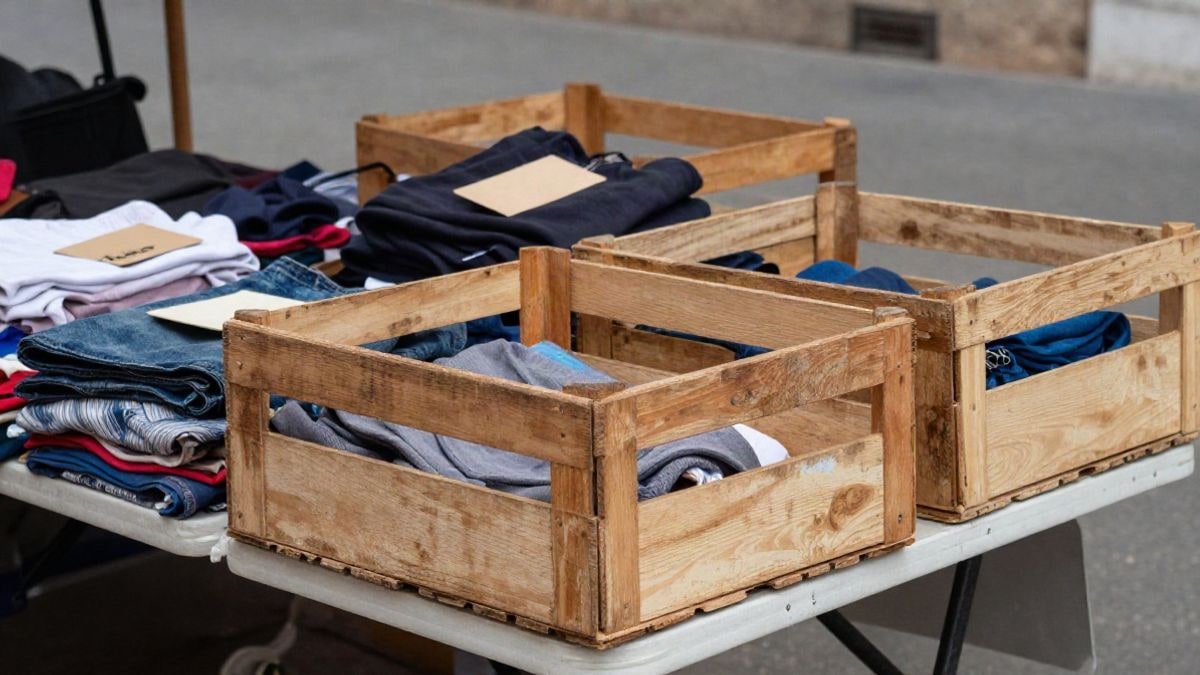 Imagen ilustrativa: detalle de cajas de madera y prendas dobladas en un puesto de mercadillo al aire libre
