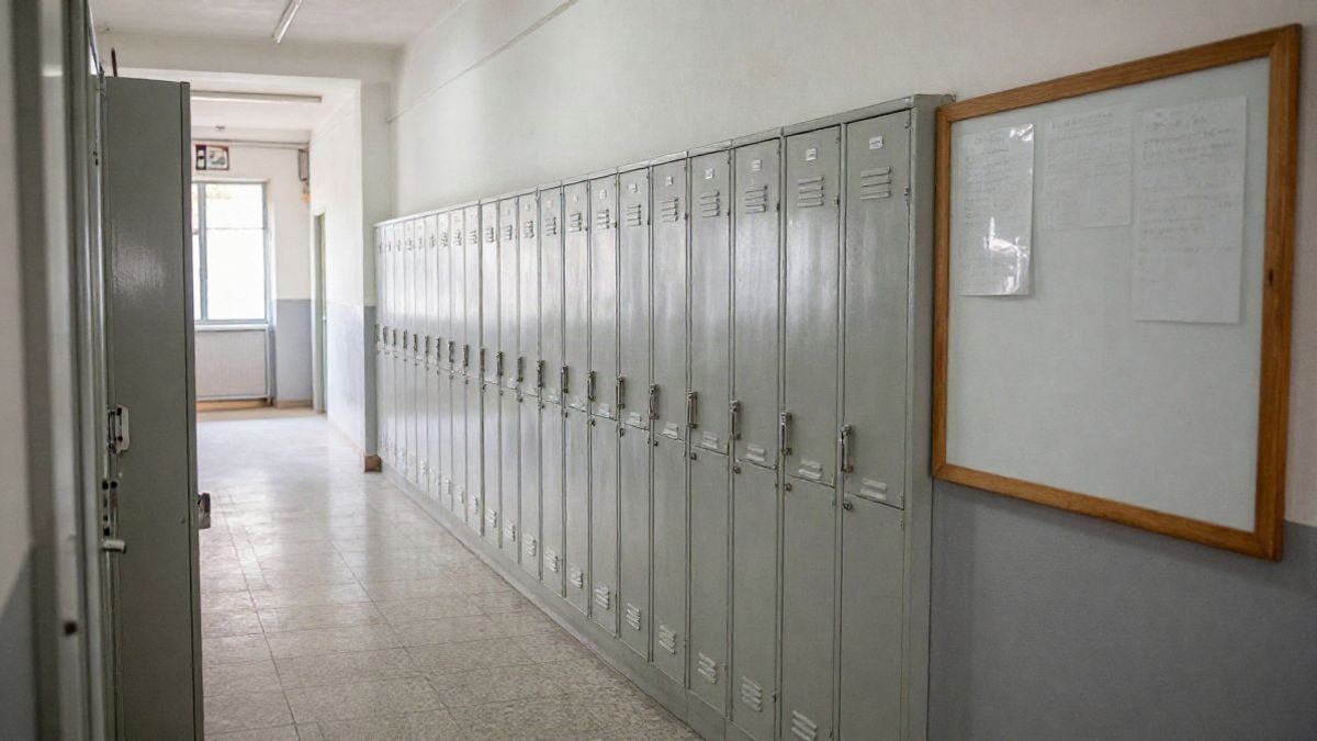 Illustrative image: corridor of a school with lockers and an empty notice board, daylight.