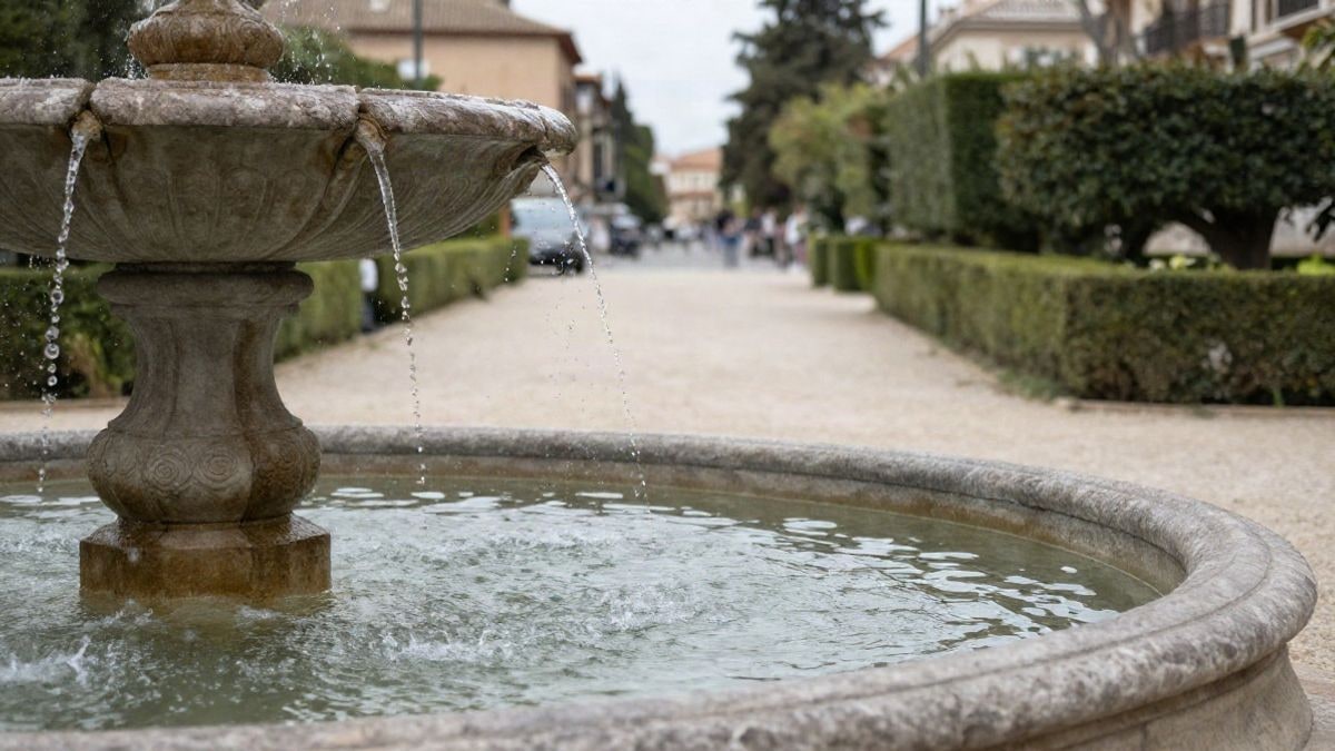 Imagen ilustrativa: fuente de piedra en el jardín de un palacio histórico con setos recortados