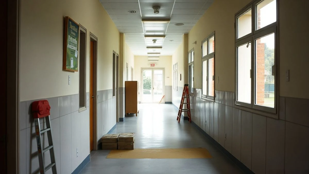 Imagen ilustrativa: pasillo de un colegio en obras, con luz de ventana lateral y materiales de construcción.