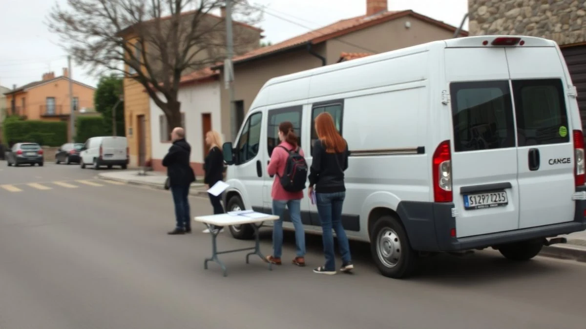 Illustrative image: a white mobile office van parked on a street in a village, with a group of people waiting in front of a table with papers.