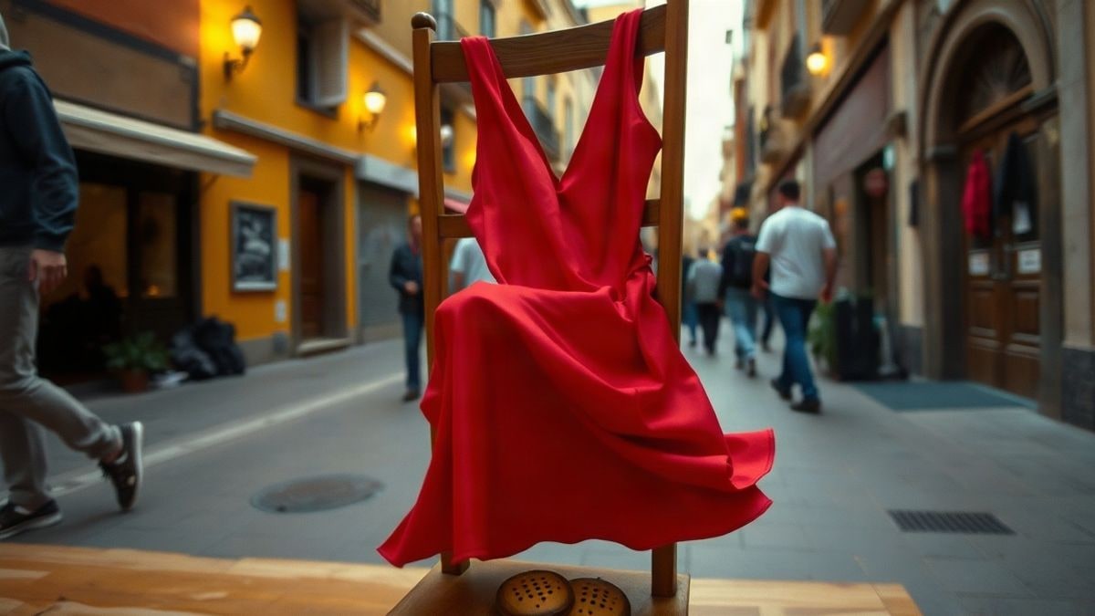 Imagen ilustrativa: un vestido de flamenco rojo colgado en una silla de madera tras un escenario, con castañuelas sobre el asiento