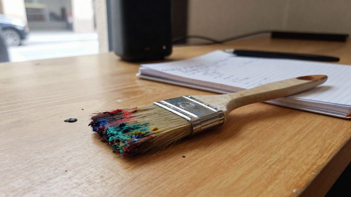 Imagen ilustrativa: un pincel con pintura de colores sobre una mesa con manchas y un cuaderno abierto, en una sala luminosa.