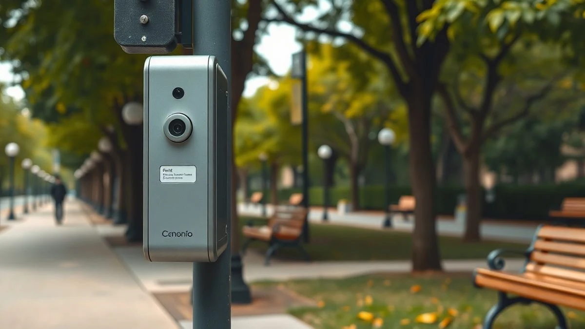 Imagen ilustrativa: poste de seguridad urbano con botón y cámara en un parque público, con sendero y árboles al fondo.