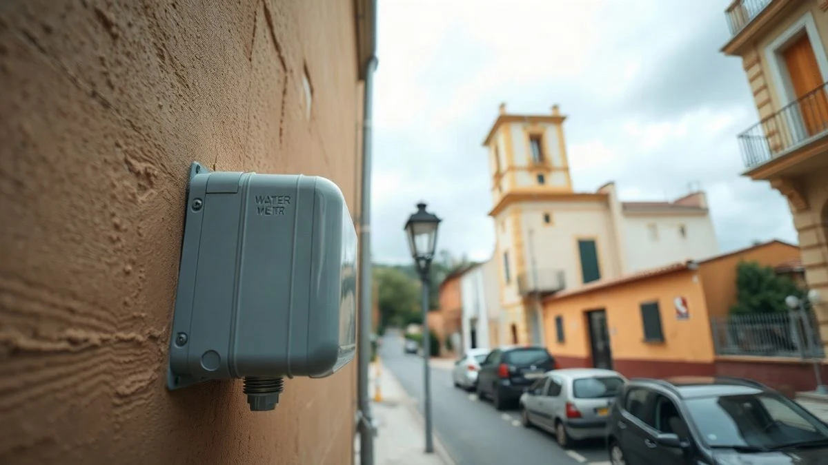 Imagen ilustrativa: un contador de agua en la fachada de un edificio, visto desde la acera con el cielo de fondo.
