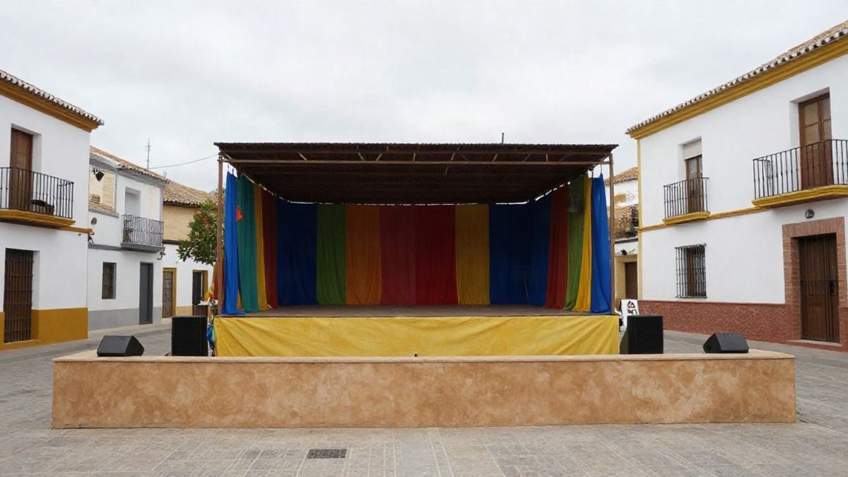 Imagen ilustrativa: un frontón municipal con un pequeño escenario infantil montado delante, con telones de colores y atrezzo teatral.