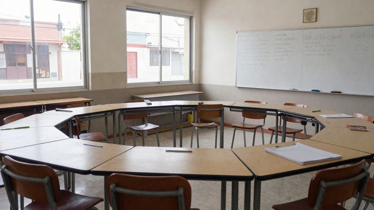 Imagen ilustrativa: aula comunitaria con sillas vacías en círculo y pizarra con palabras en español